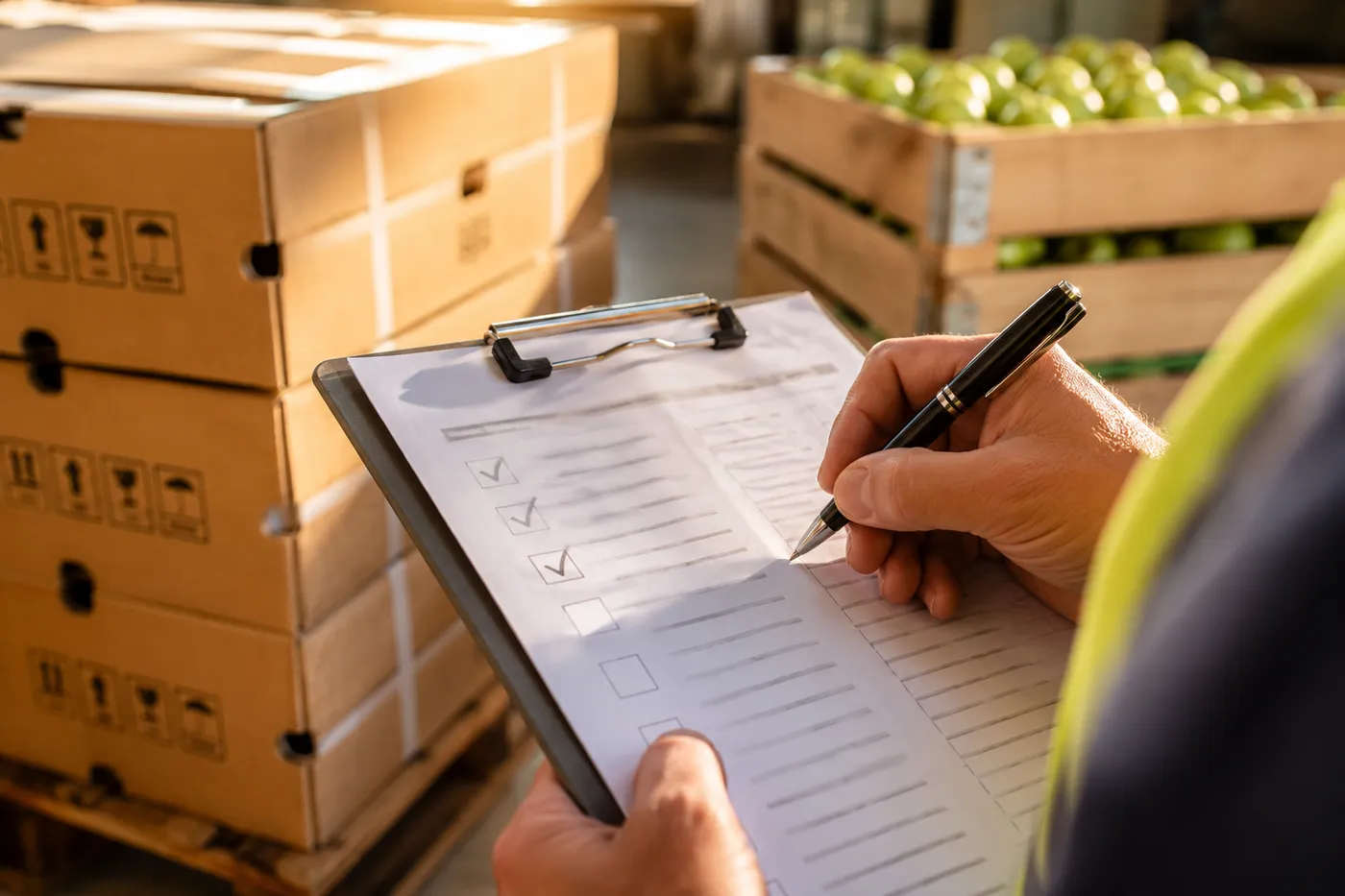 Pre-shipment checklist reviewed in a packing warehouse