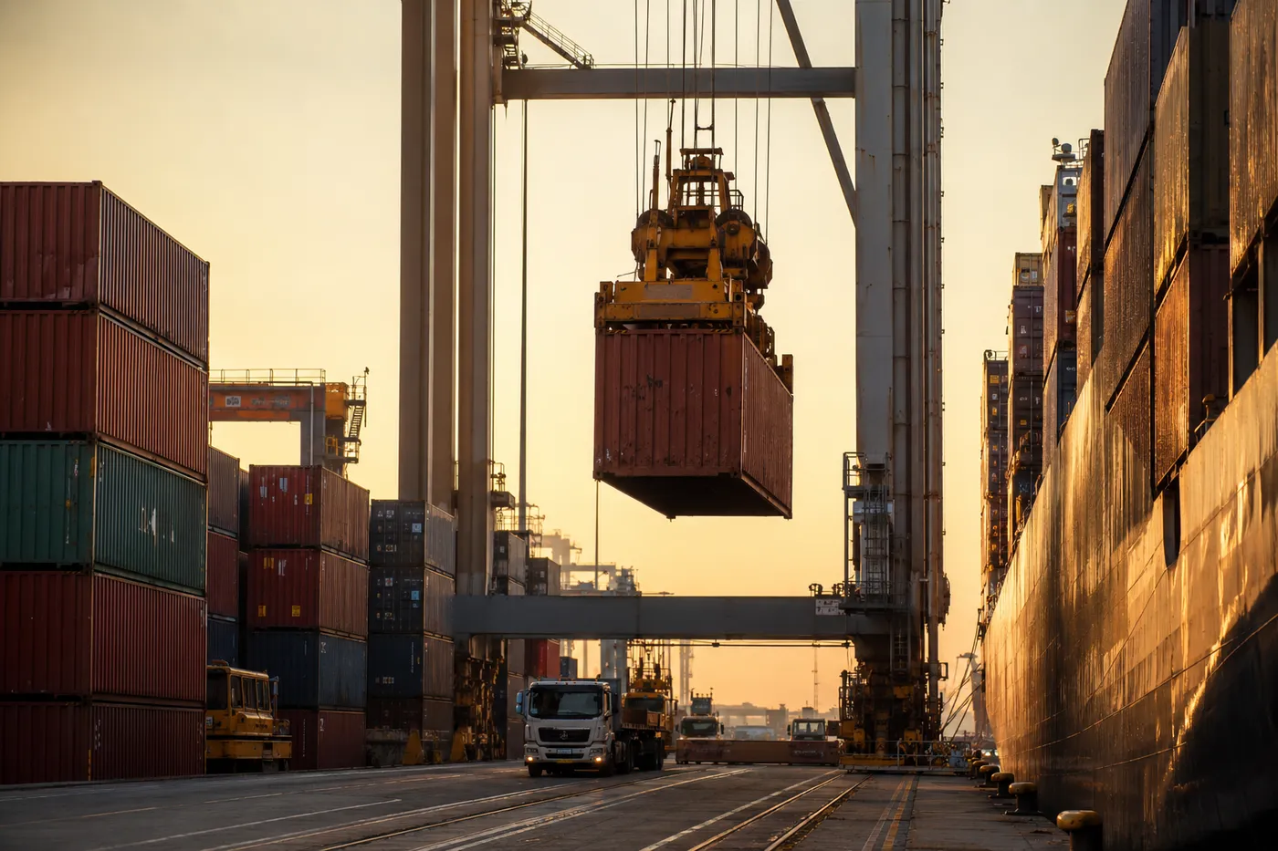 Container being loaded at an export terminal at golden hour